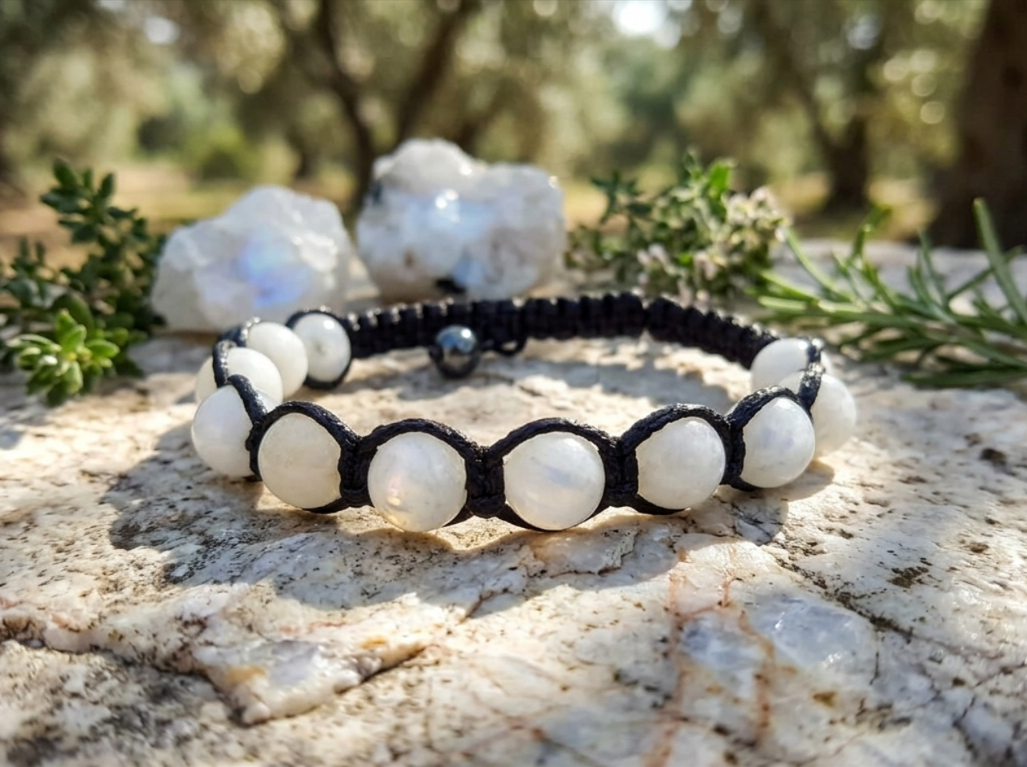 Brățara handmade cu Piatra Lunii, reglabilă, sfere de 8mm, pentru echilibru, calm, intuiție - imagine 2